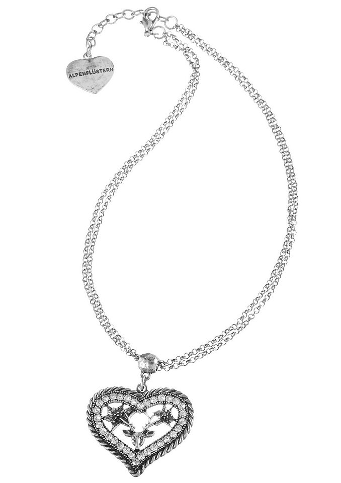 Alpenflüstern Dámský krojový náhrdelník se štrasovým přívěskem ve tvaru srdce s jemnou aplikací jelena